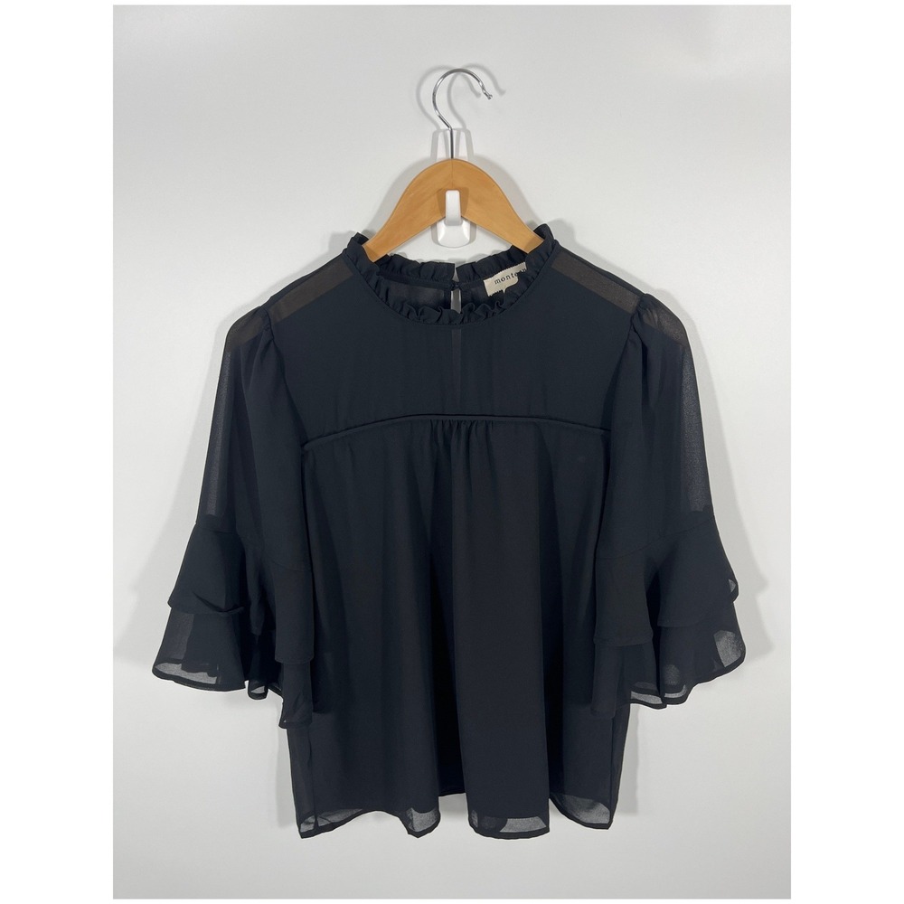 Womens Top L Black Sheer Flare Sleeve Ruffle Whimsigoth Dark Fairy Goth Feminine